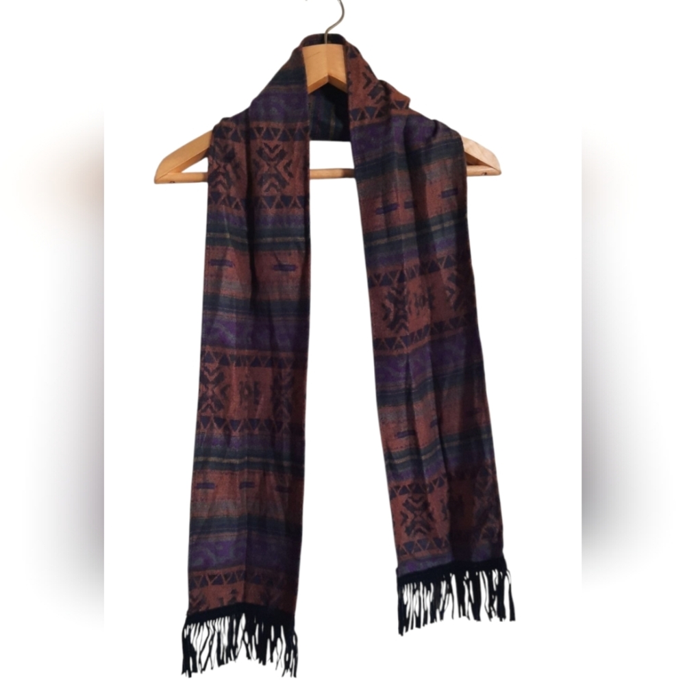 Autumn Color Aztec Woven Scarf Suede Fringe